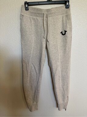 True Religion Logo Heather Gray Drawstring Joggers Small Zip Ankle
